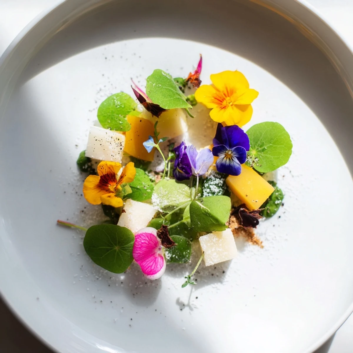 A garden of edible flowers covers the The Secret Garden appetizer, revealing creamy cheese treasures.