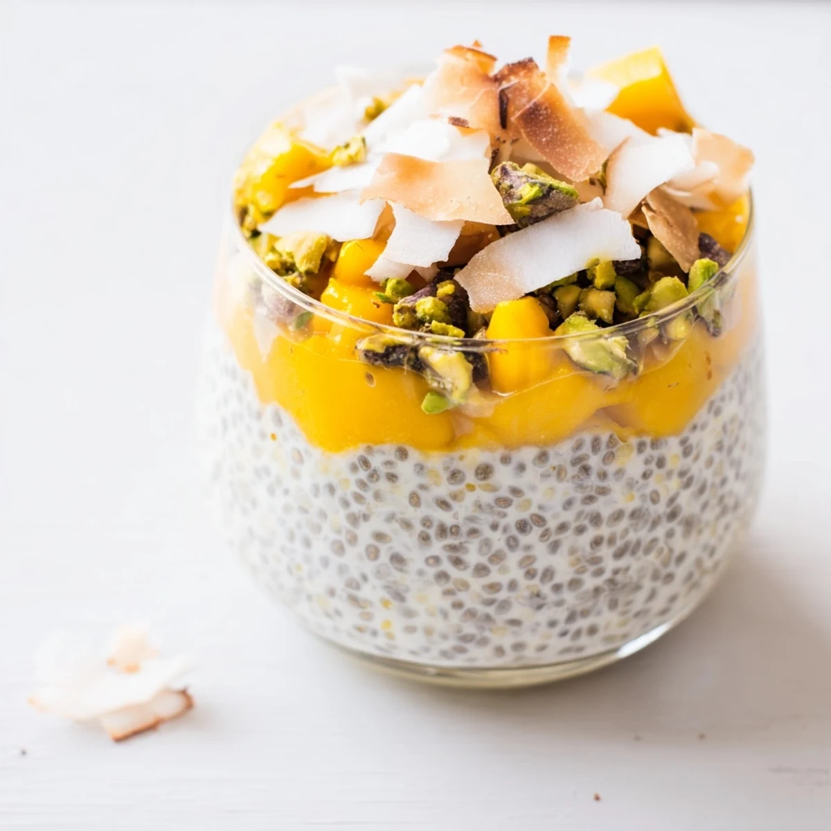 Creamy Mango Coconut Chia Pudding layered with fresh mango, a healthy and delicious breakfast.