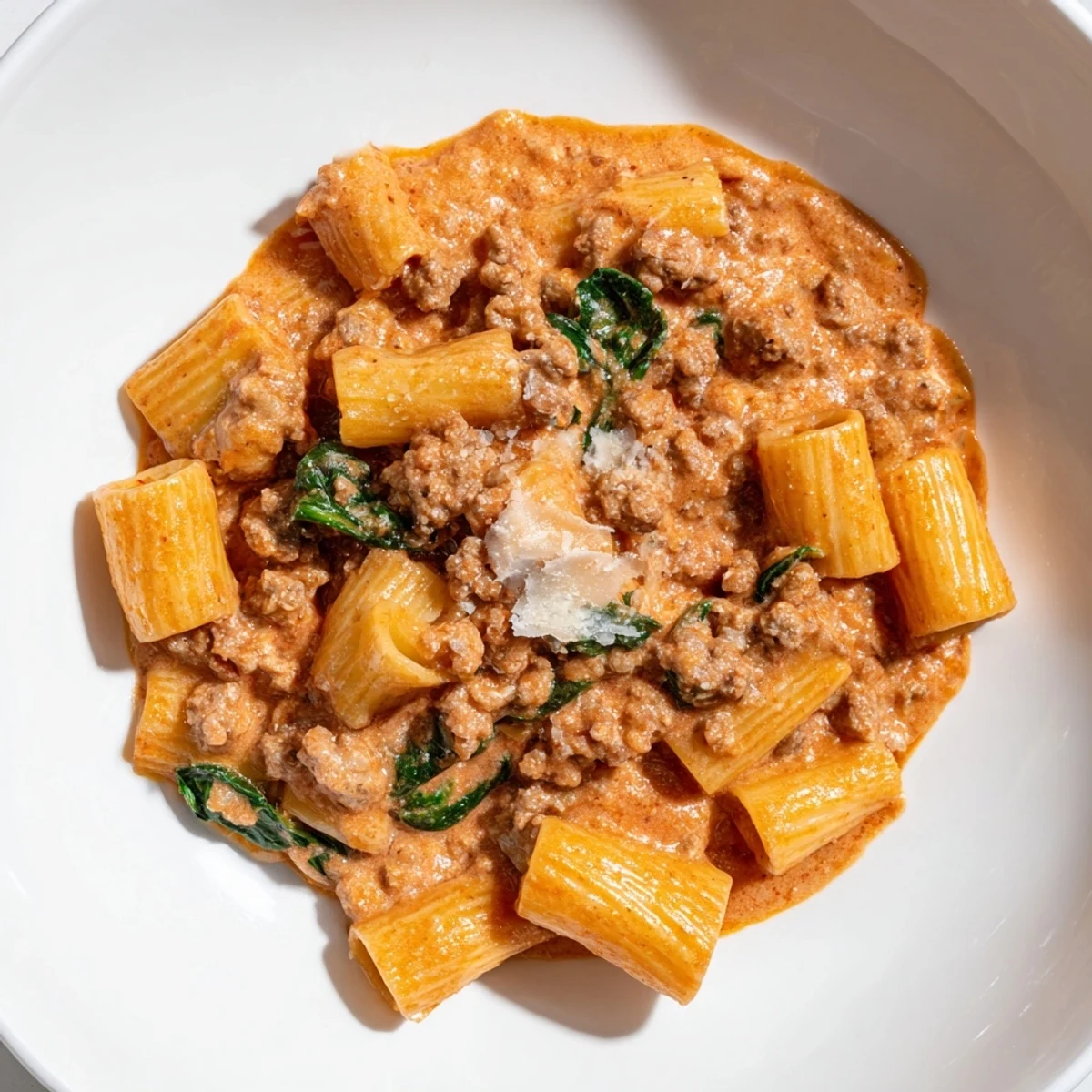 One-Pot Italian Sausage Tomato Pasta simmering with sausage, herbs, and bubbly, rich tomato sauce.