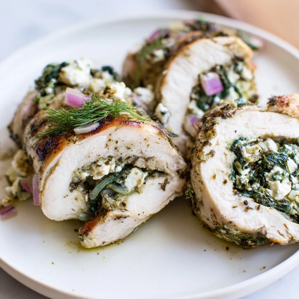 Spinach feta stuffed chicken, golden brown after baking, is shown alongside fresh herbs and a lemon slice.