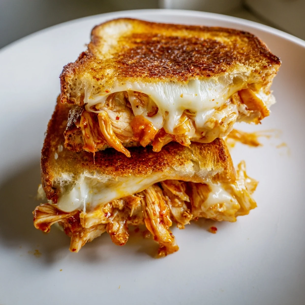 Melted cheese oozing from a Chili Crisp Honey Chicken Grilled Cheese, ready to be sliced.