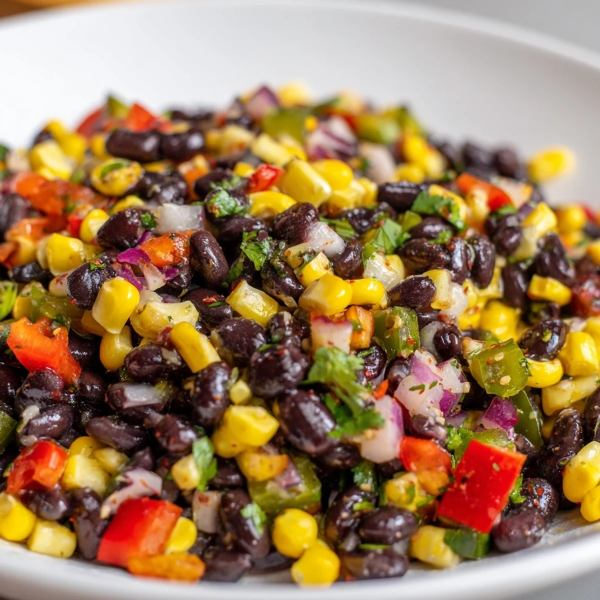 Freshly made Cowboy Caviar Salad featuring crunchy bell peppers, sweet corn, and a zesty vinaigrette.