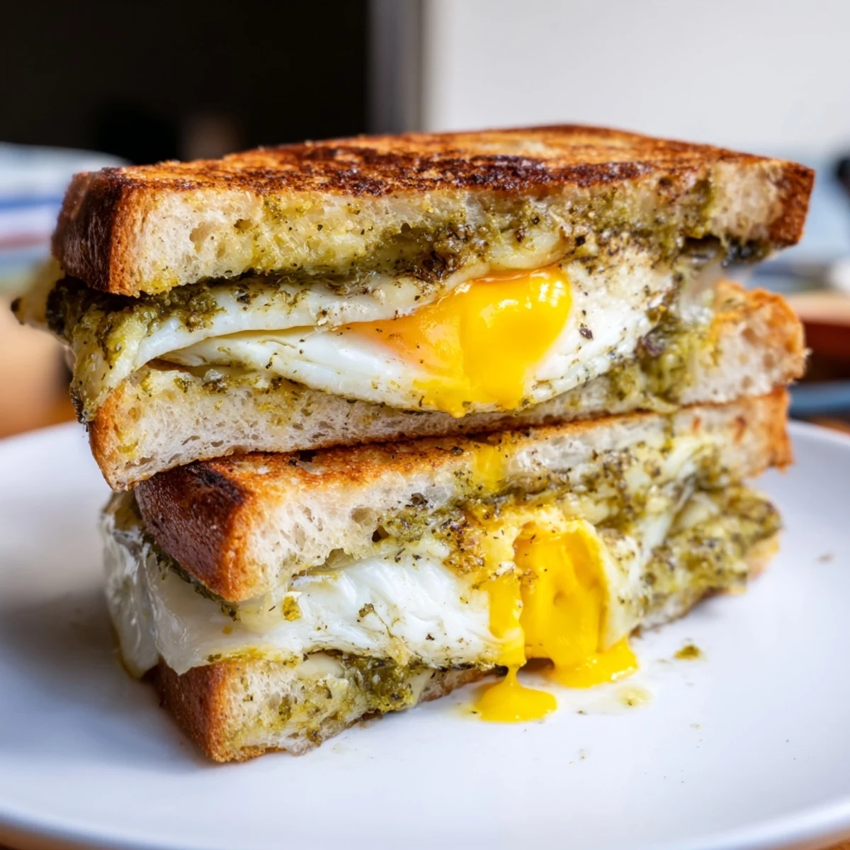 Golden, melted cheese oozes from a delicious pesto egg grilled cheese sandwich, ready to enjoy.
