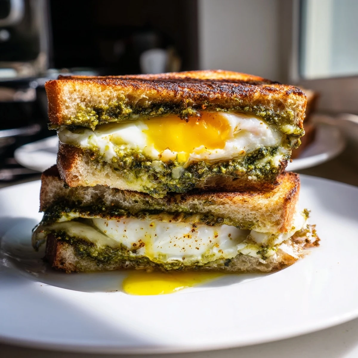 Close-up of a flavorful pesto egg grilled cheese, showing a gooey cheese pull on crusty bread.
