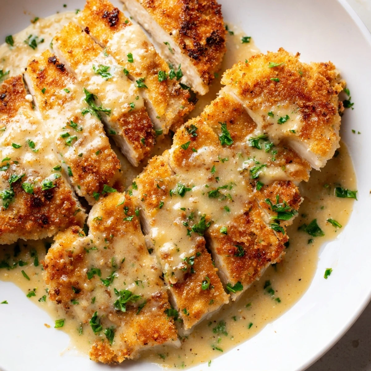 Golden, crispy chicken with garlic cream sauce, perfectly showcasing the rich, creamy texture over the chicken.