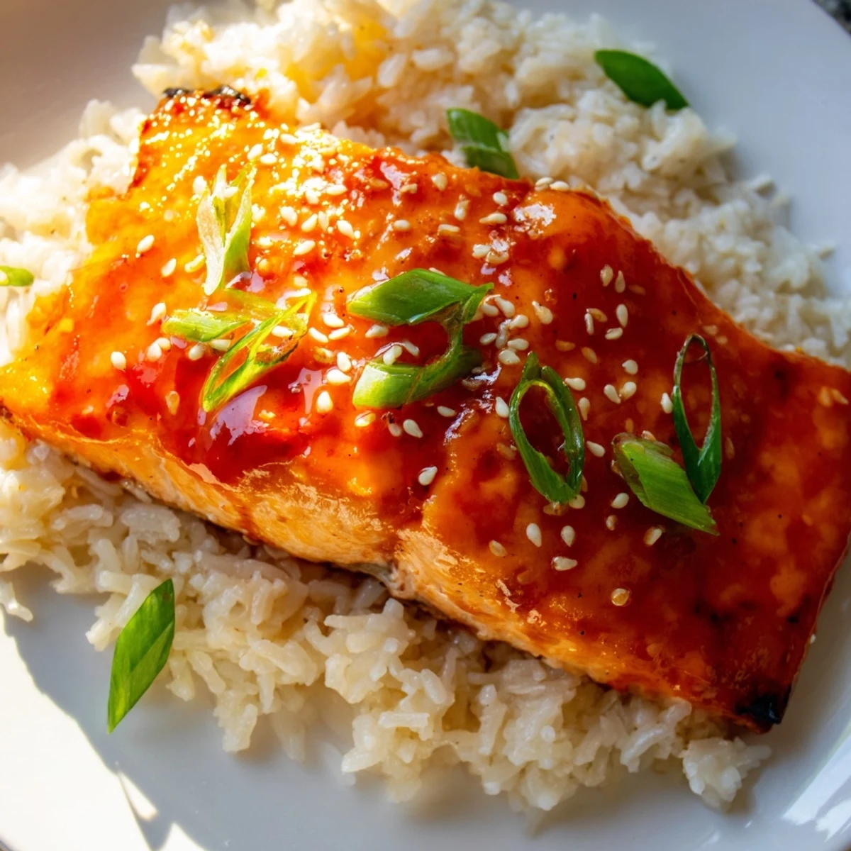 Glistening sticky orange salmon served atop fluffy rice, promising a flavorful, Asian-inspired meal.