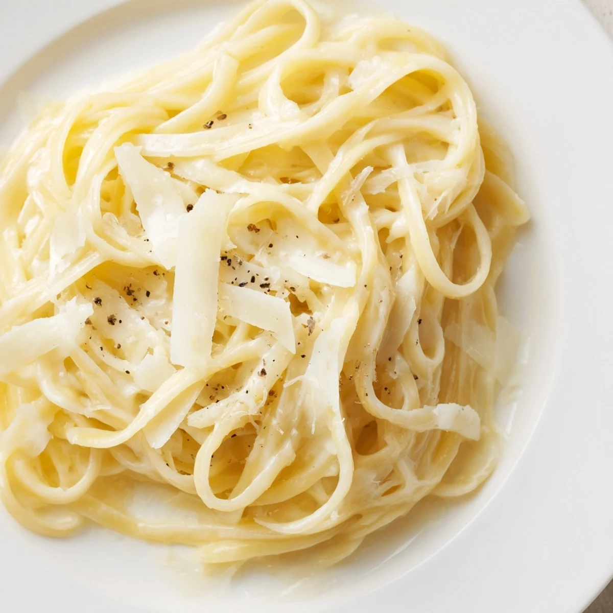 Creamy Lazy Girl Three-Ingredient Pasta glistening with melted butter and Parmesan cheese, ready to enjoy.