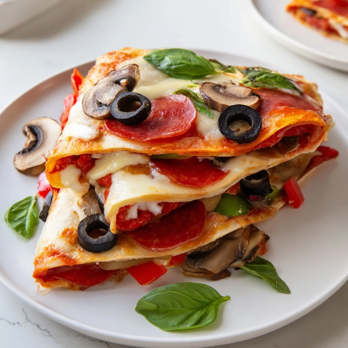 Tortilla pizza wrap, a folded tortilla filled with melted cheese, pepperoni, and a rich red sauce.