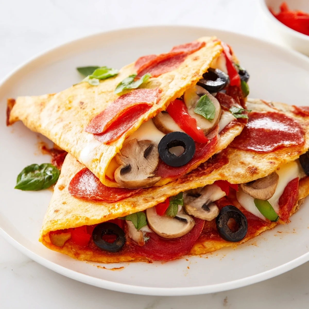 Golden-brown tortilla pizza wrap, crispy in the pan, with bubbly cheese and savory pepperoni visible.