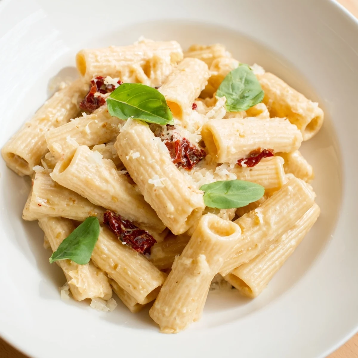 Creamy Sun-Dried Tomato Pasta: A vibrant plate of pasta with sun-dried tomatoes and fresh basil.