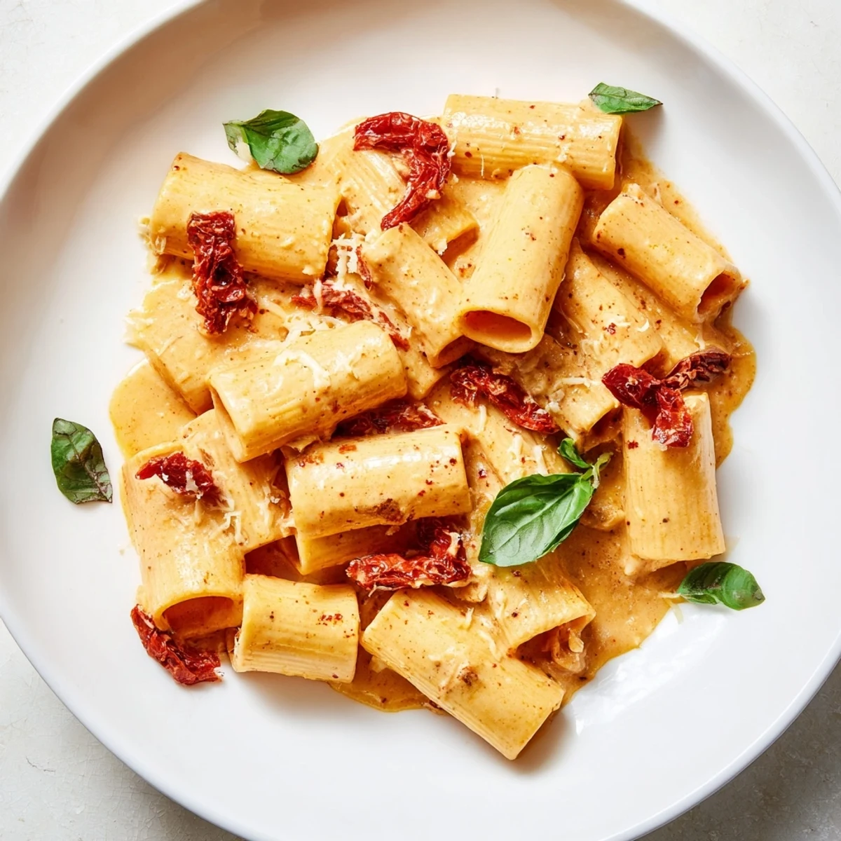 This Italian-American recipe for Creamy Sun-Dried Tomato Pasta features Parmesan and is perfect for a weeknight dinner.