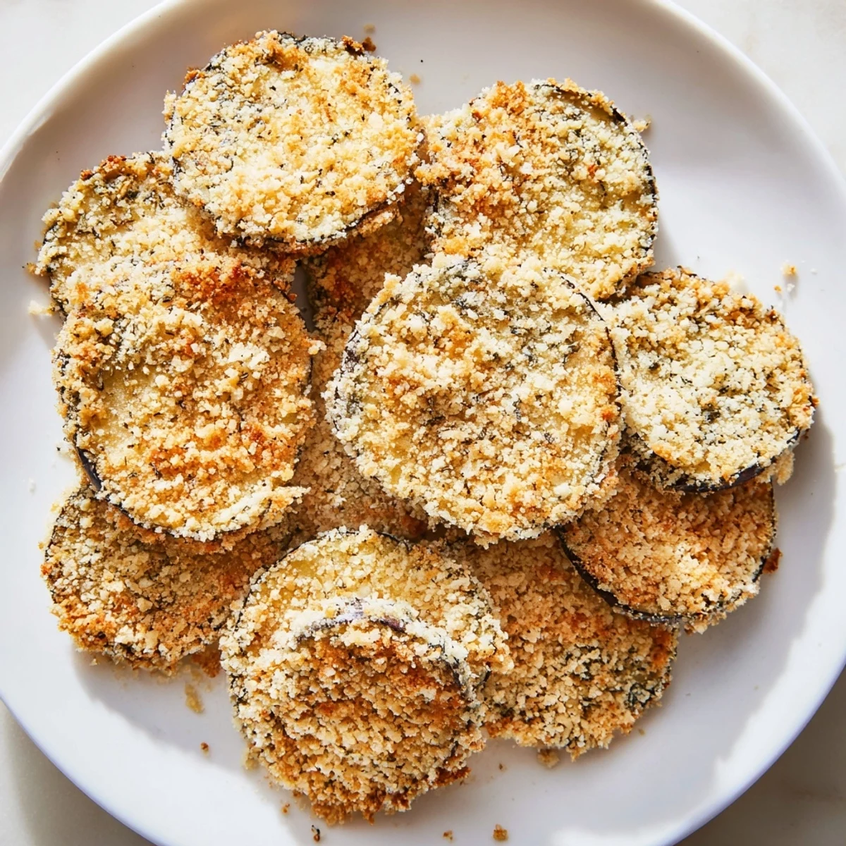 Golden, crispy Eggplant Parmesan Chips fresh from the oven, ready for dipping in marinara.