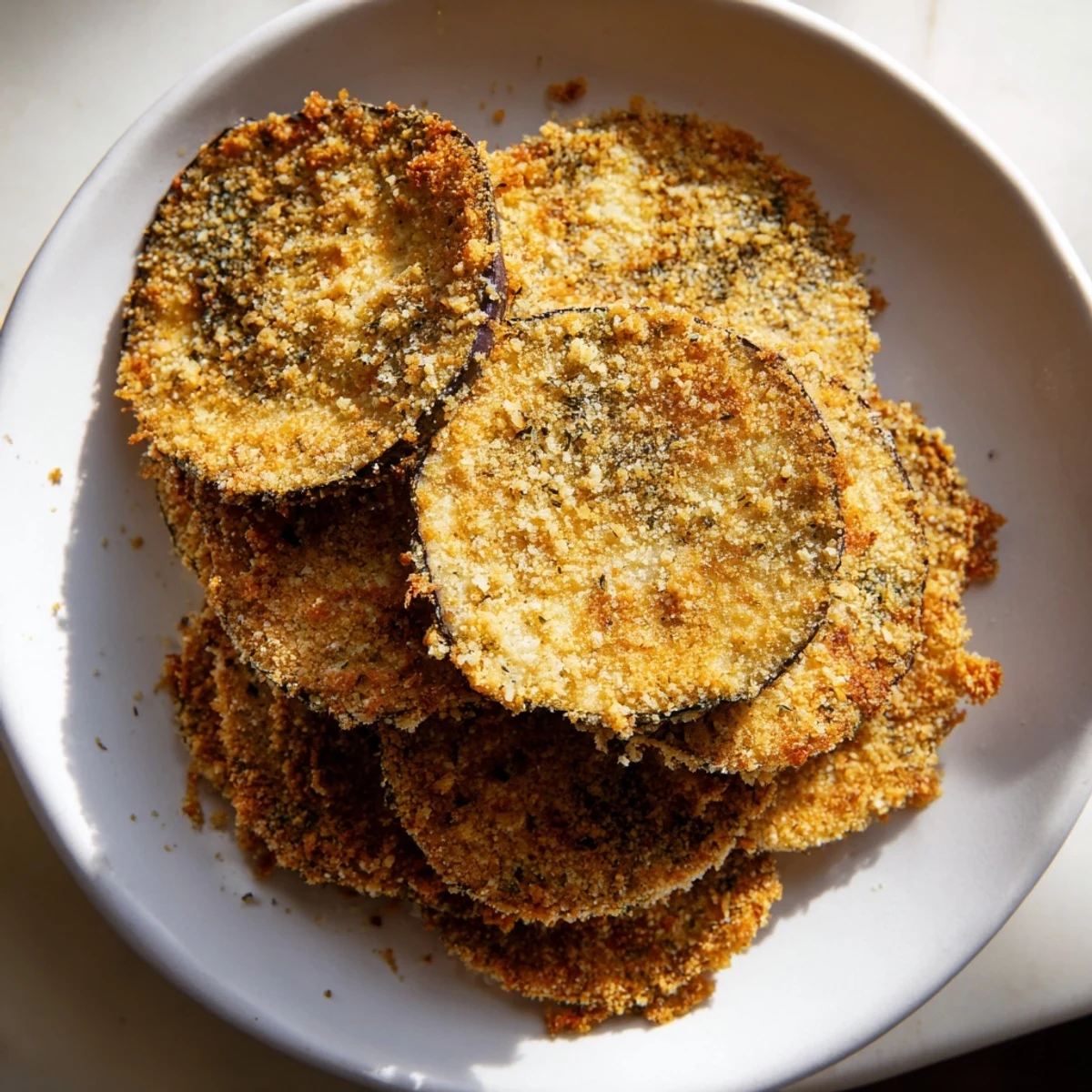Stack of savory Eggplant Parmesan Chips – the delightful vegetarian snack, offering a satisfying crunch.