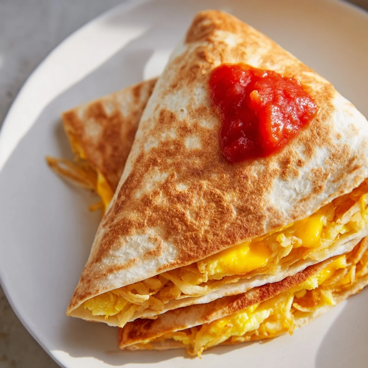 Golden, crispy Breakfast Crunchwrap featuring eggs, cheese, and hash browns, ready to be enjoyed.