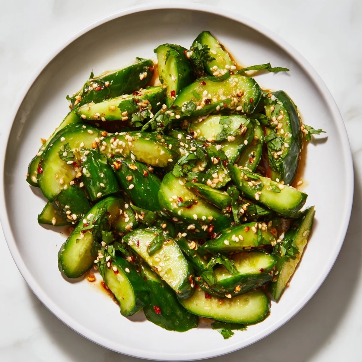 Vibrant Zesty Cucumber Salad with sesame seeds, radiating freshness, ready to serve with a light meal.