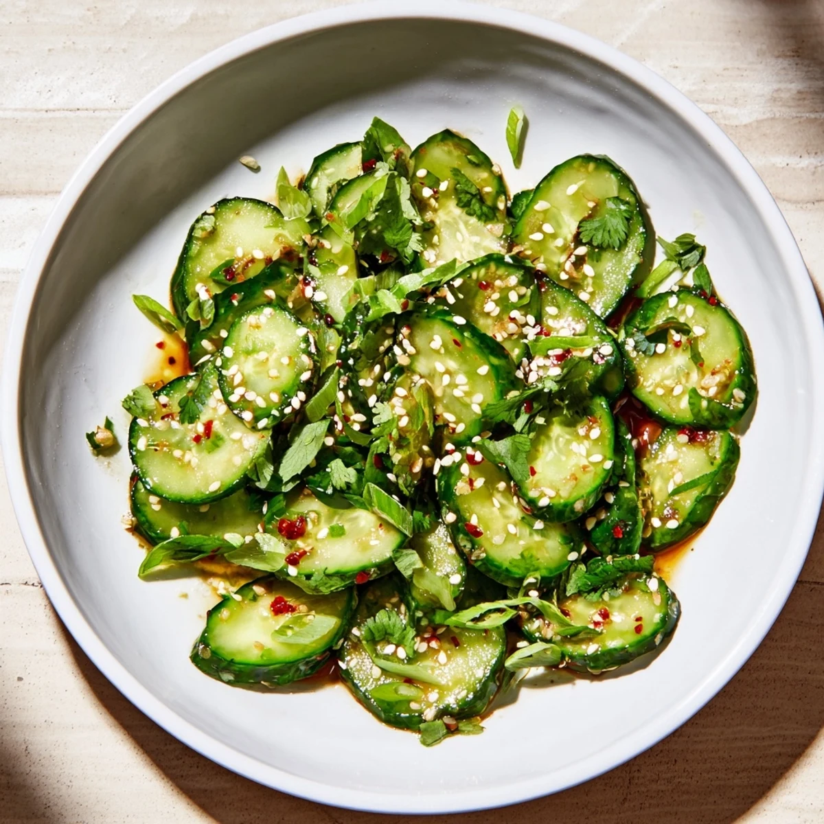 Close-up of a bowl of Zesty Cucumber Salad; a colorful, vegan dish is perfect as a refreshing side.