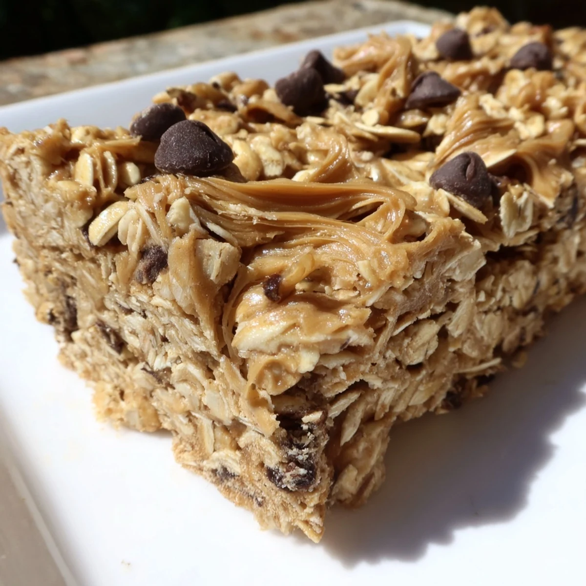 No-bake Peanut Butter Banana Oat Bars, cut and chilled, waiting to be enjoyed as a tasty snack.