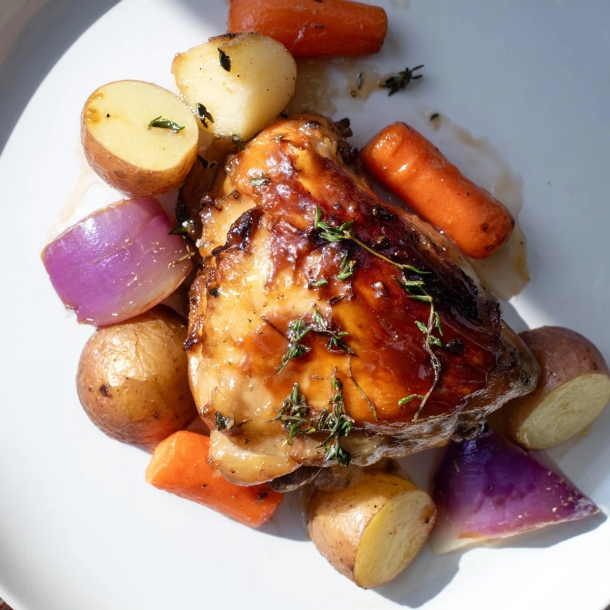 Golden, glistening Maple Dijon Chicken Thighs with roasted vegetables, a delicious and easy one-pan meal.