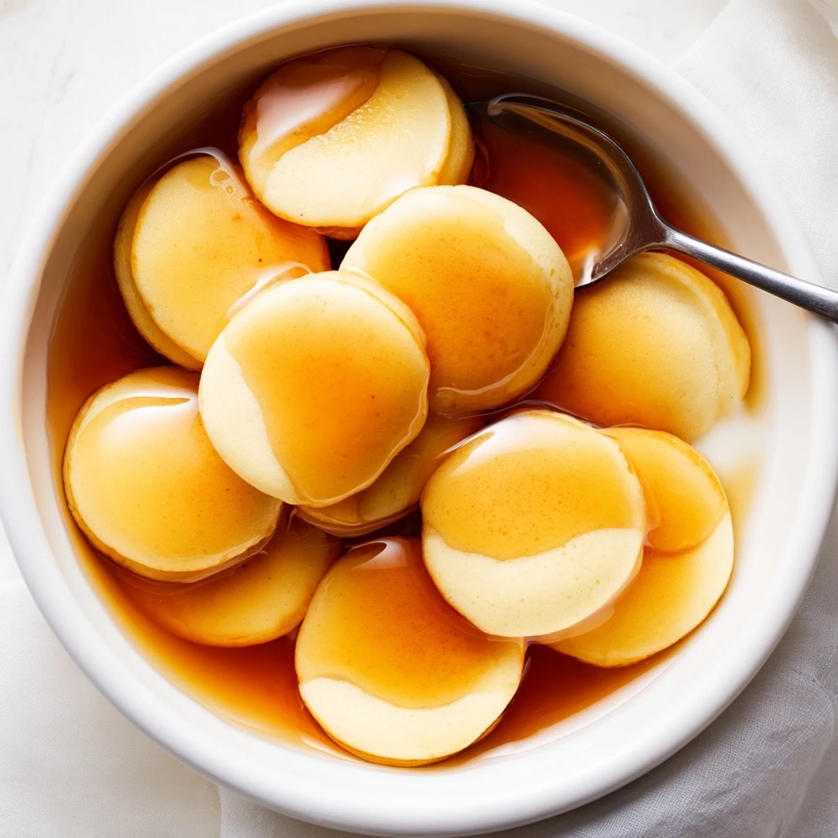 Warm, golden Fluffy Pancake Cereal swimming in a bowl, ready to be drizzled with syrup.