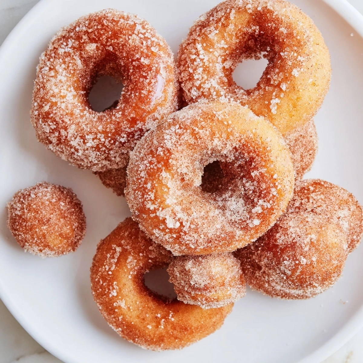A close-up of freshly made 1-Minute Air Fryer Donuts ready to be enjoyed as a simple American dessert.