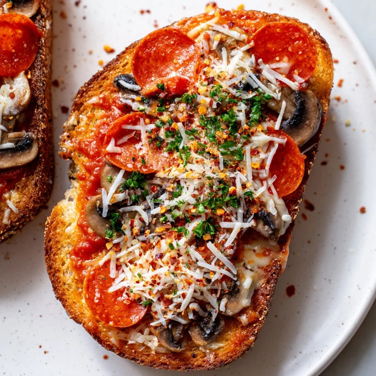 Enjoy flavorful Air Fryer Pizza Toast, a vegetarian delight with marinara sauce and parmesan cheese.
