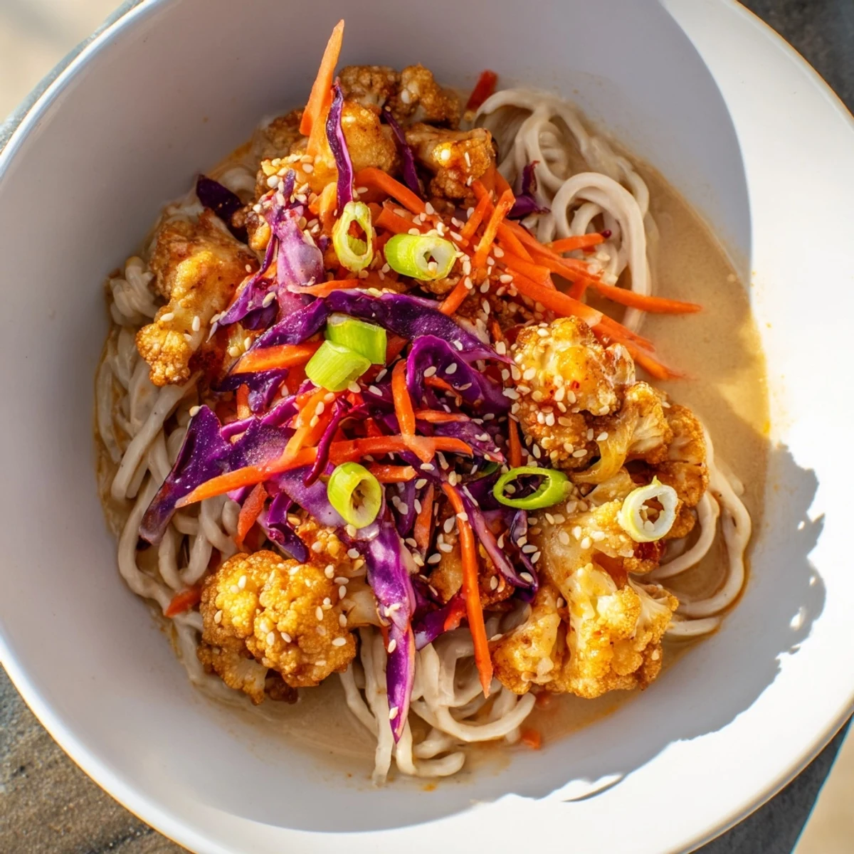 Close-up of hearty Chaos Cooking Buffalo Cauliflower Ramen, featuring crispy cauliflower, creamy broth, and fresh, colorful garnishes.