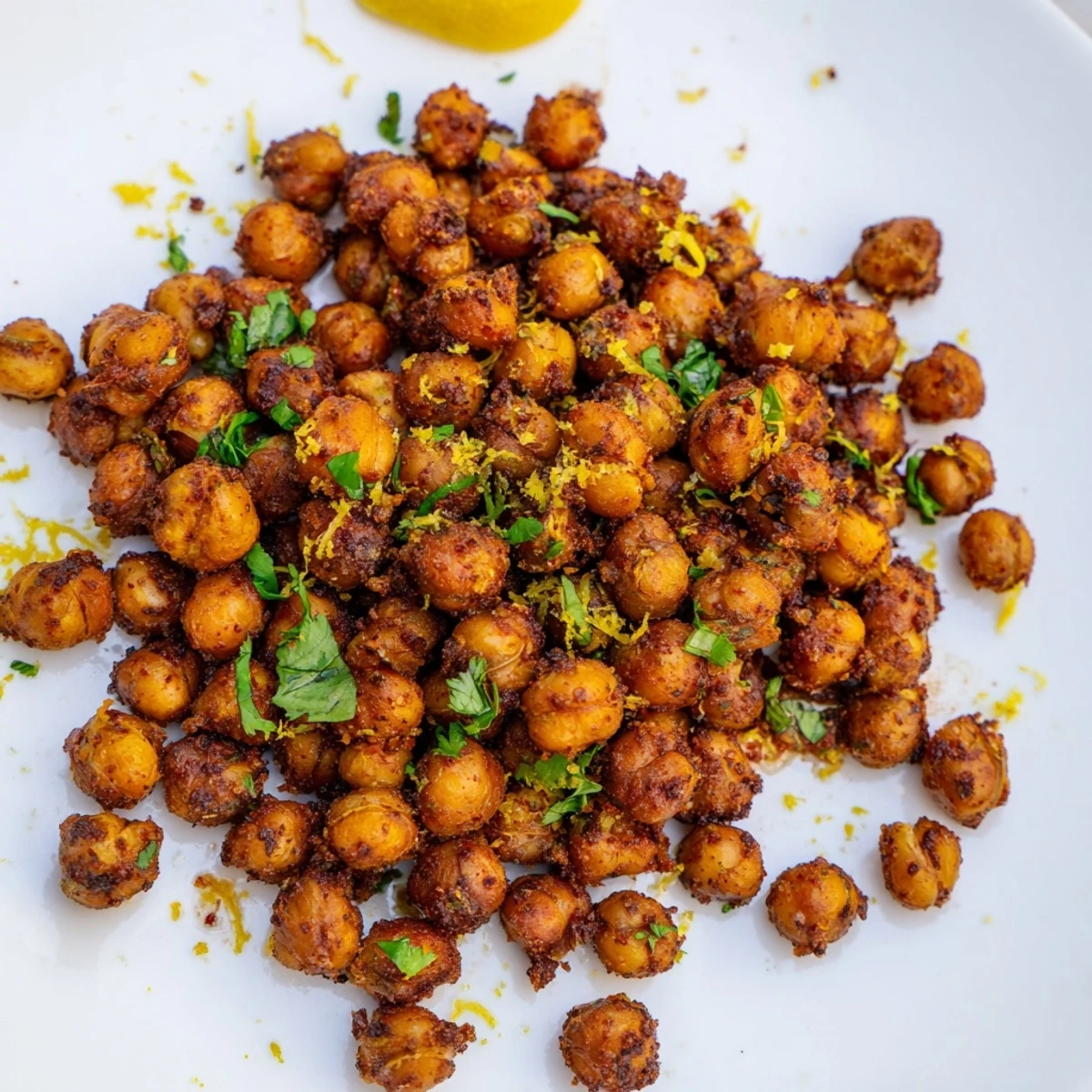 A close-up view of a vibrant Harissa Chickpea Roast, seasoned to perfection and ready to eat.