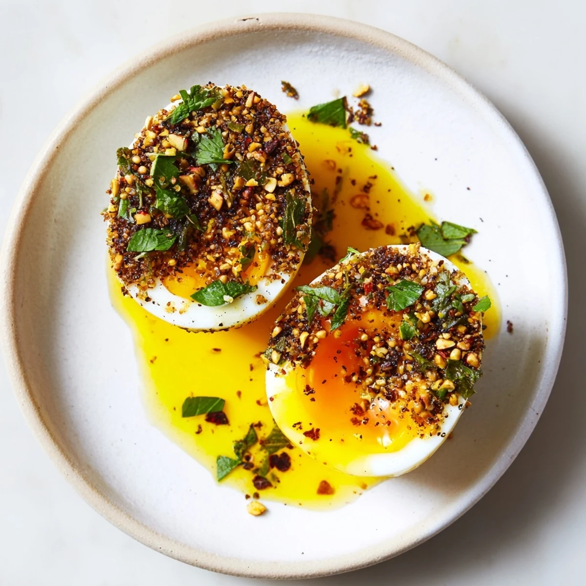 Get ready for fluffy Dukkah-Spiced Eggs served with olive oil, herbs, and the delicious Egyptian spice blend.