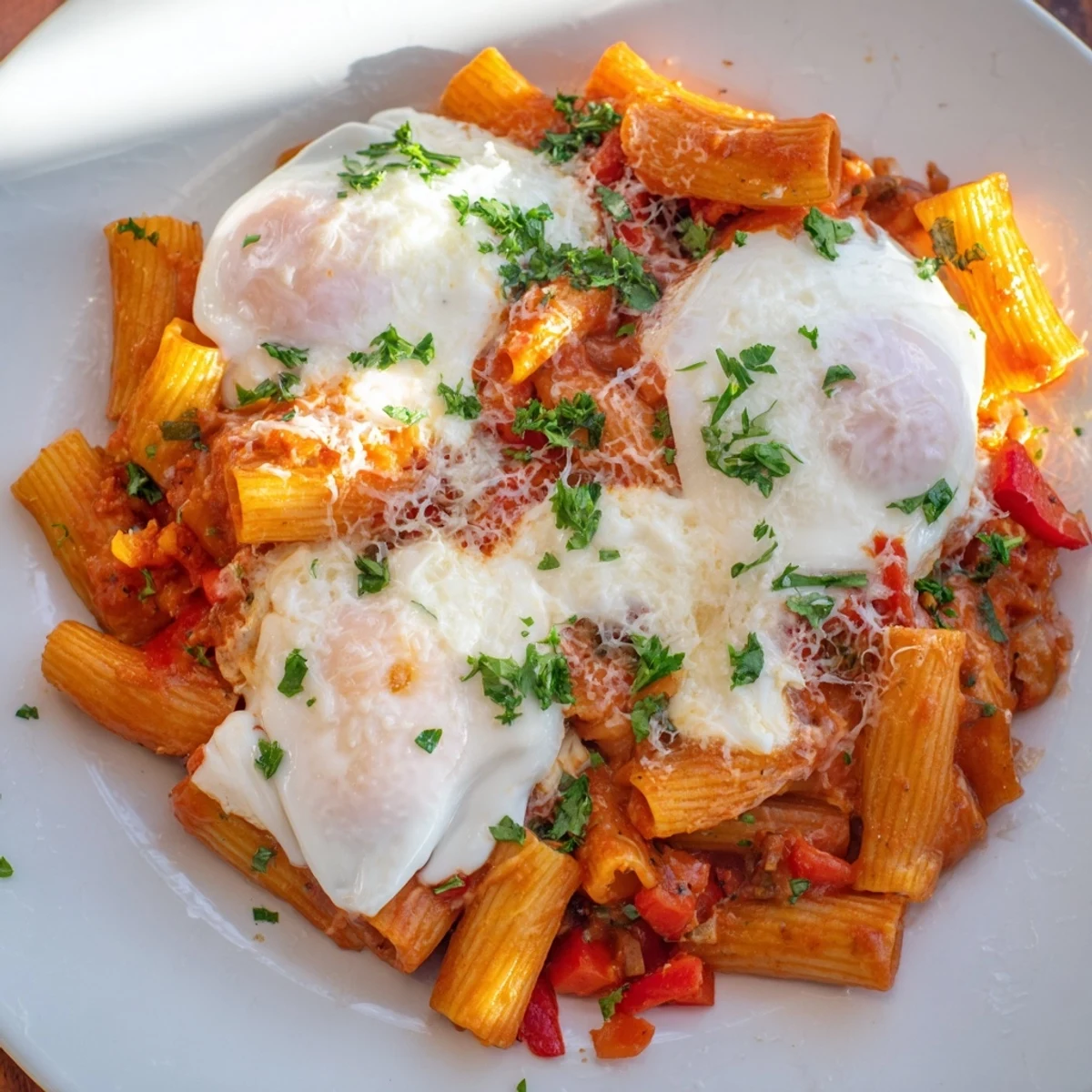A steaming skillet of Shakshuka Baked Pasta, promising a comforting blend of Mediterranean flavors.