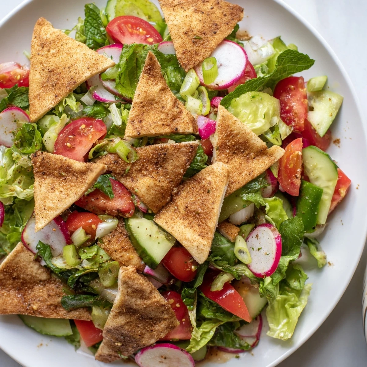Vibrant Fattoush Crunch Salad with colorful, fresh vegetables and crispy pita chips offers a bright crunch.
