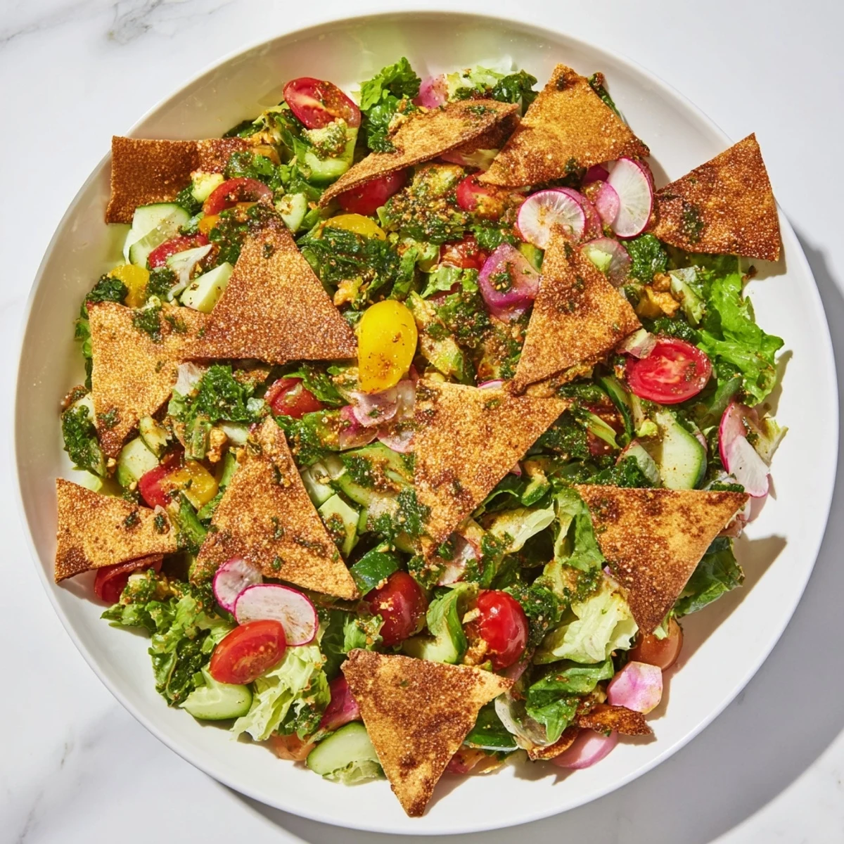 Enjoy the refreshing Fattoush Crunch Salad loaded with chopped herbs, tomatoes, and a tangy, zesty flavor profile.