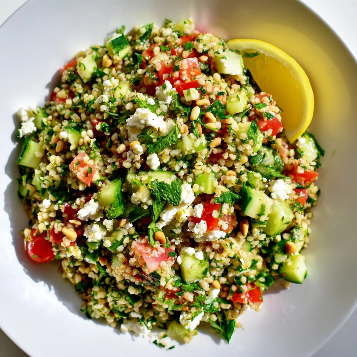 A colorful Tabbouleh Grain Bowl, brimming with fresh veggies and zesty lemon dressing, looks delicious.