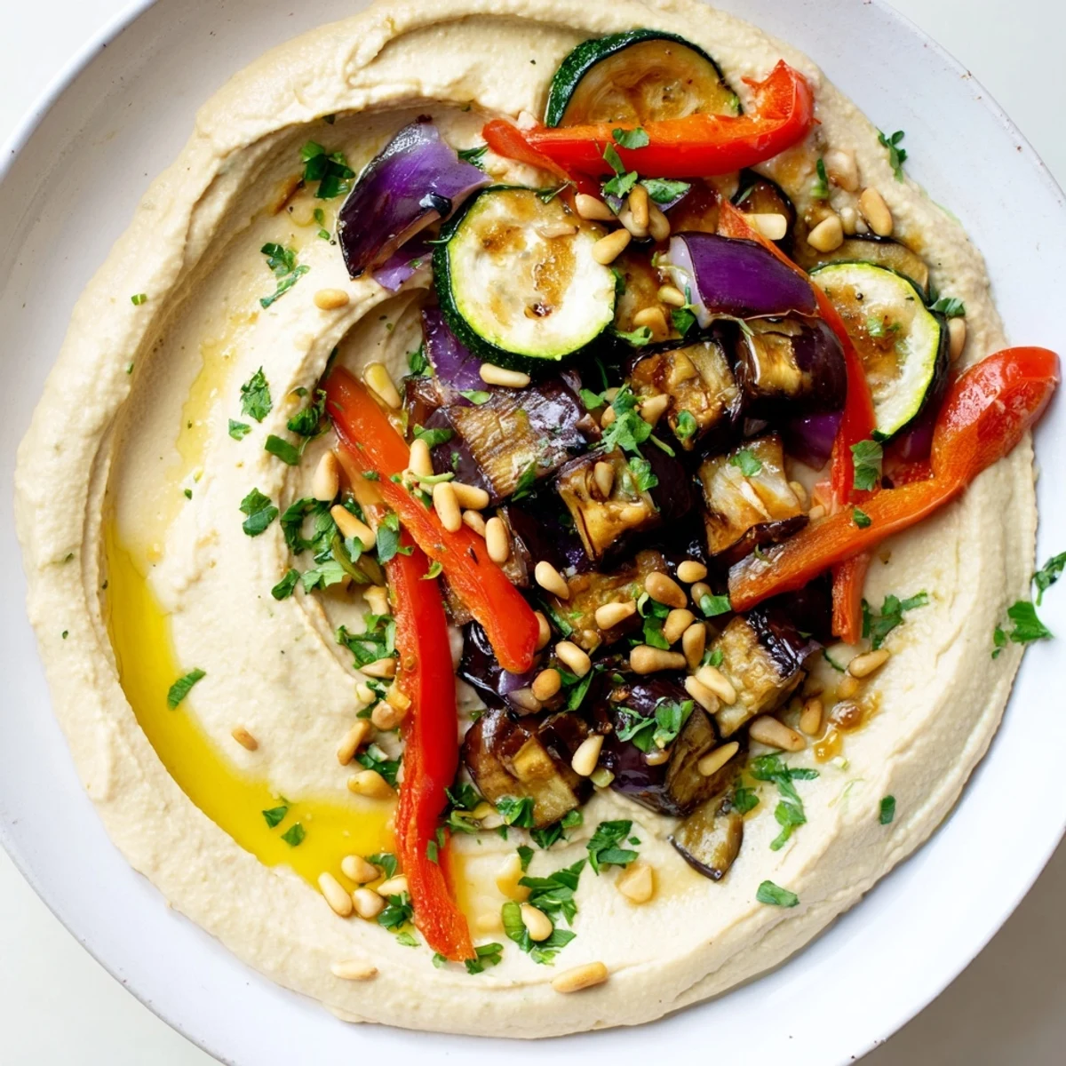 Golden toasted pine nuts and fresh parsley enhance the aromatic flavors of these Hummus Roasted Veggies.