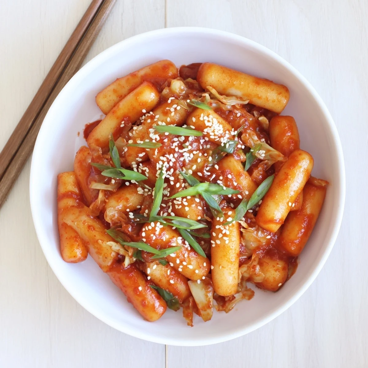 Steaming bowl of Korean Tteokbokki, featuring chewy rice cakes coated in a thick, vibrant red gochujang sauce, topped with fresh green onions and sesame seeds.  