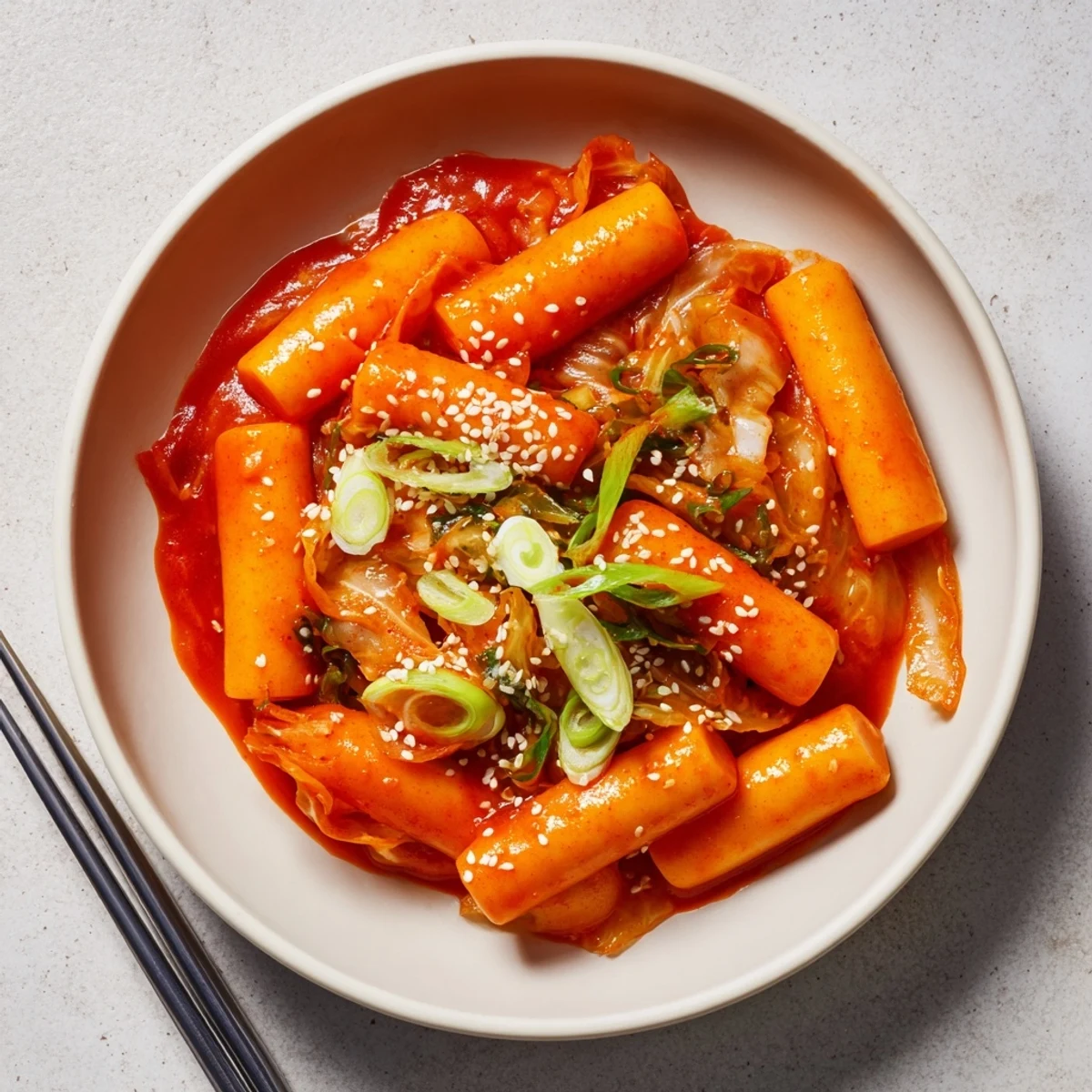 A close-up of classic Korean street food Tteokbokki, showcasing soft rice cakes simmering in a spicy sweet glaze, with slices of onion and optional boiled eggs.  