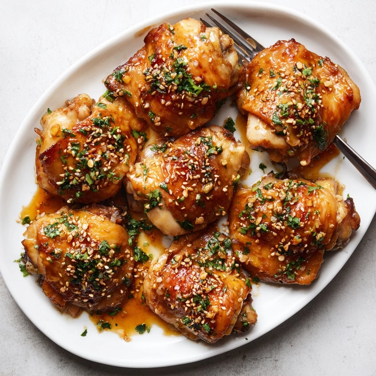 Tender honey garlic glazed chicken thighs with a sticky, caramelized glaze and golden crispy skin, garnished with fresh parsley.