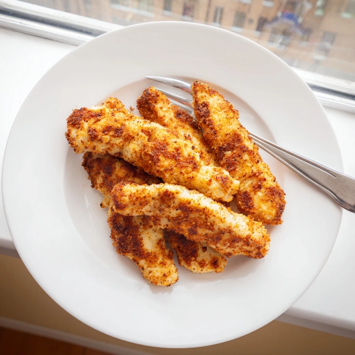 Juicy chicken tenders coated in seasoned flour crust, fried to a perfect golden-brown crisp, ideal for a family dinner.