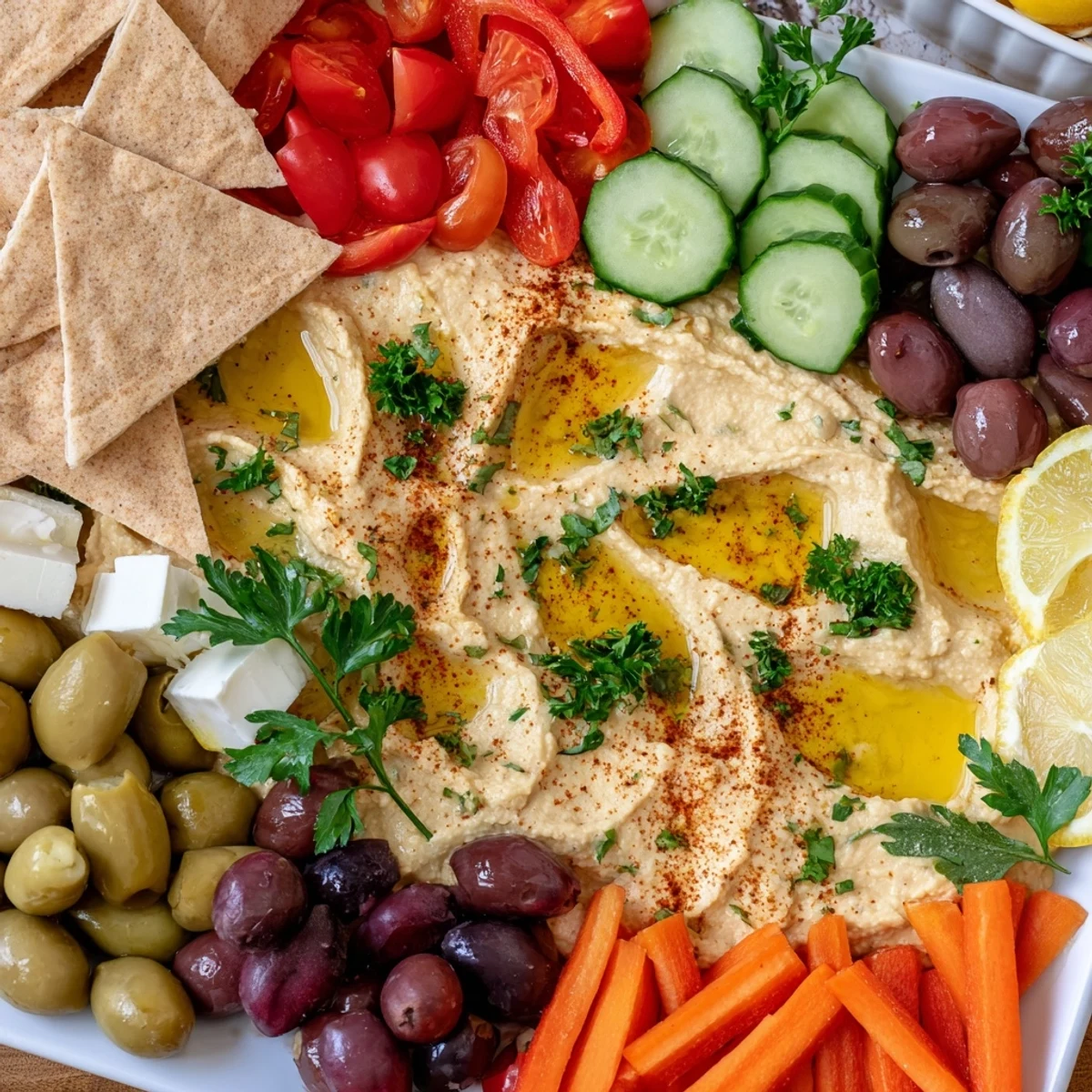 A vibrant Middle Eastern Mezze Platter with creamy hummus, marinated olives, feta cubes, and crisp vegetables on warm pita.