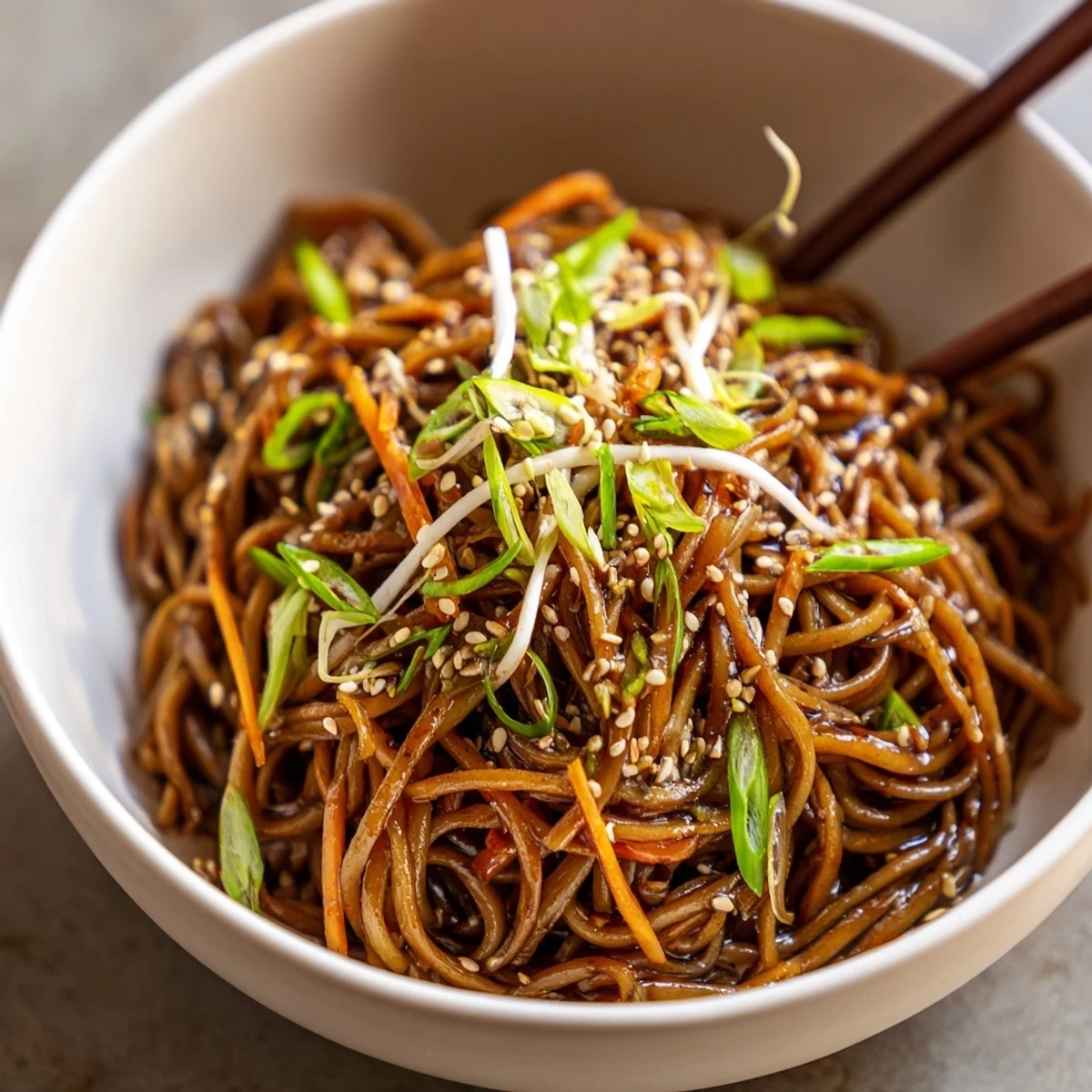 Steaming Asian Garlic Noodle Bowl garnished with fresh green onions and toasted sesame seeds on a white plate.