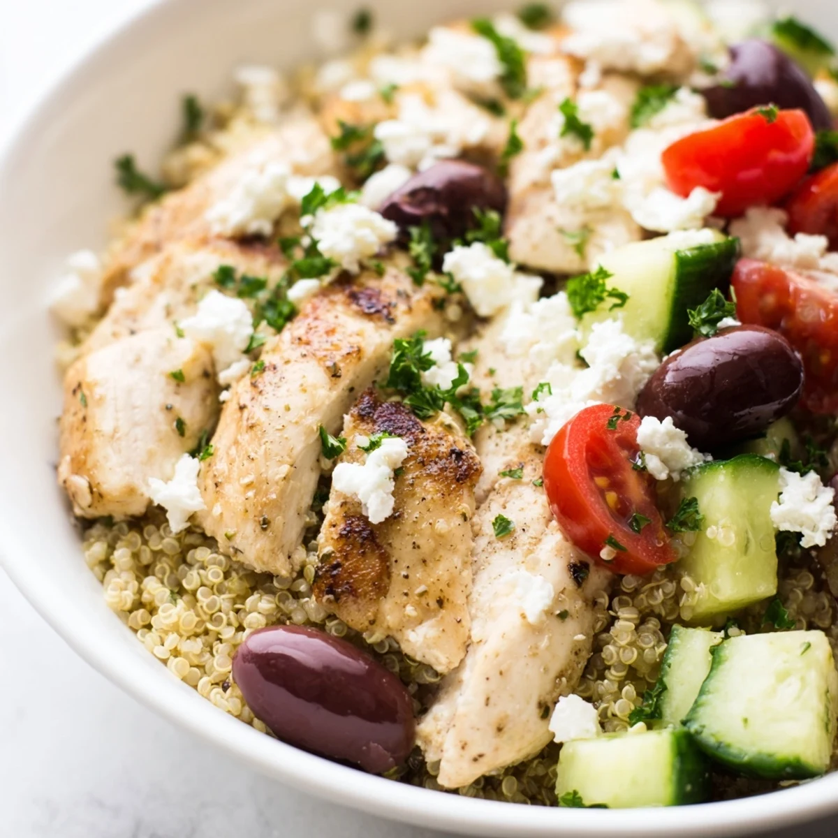 A vibrant Mediterranean Chicken Bowl with juicy grilled chicken, crisp cucumbers, feta, and olives over fluffy quinoa, drizzled with lemon-oregano dressing.
