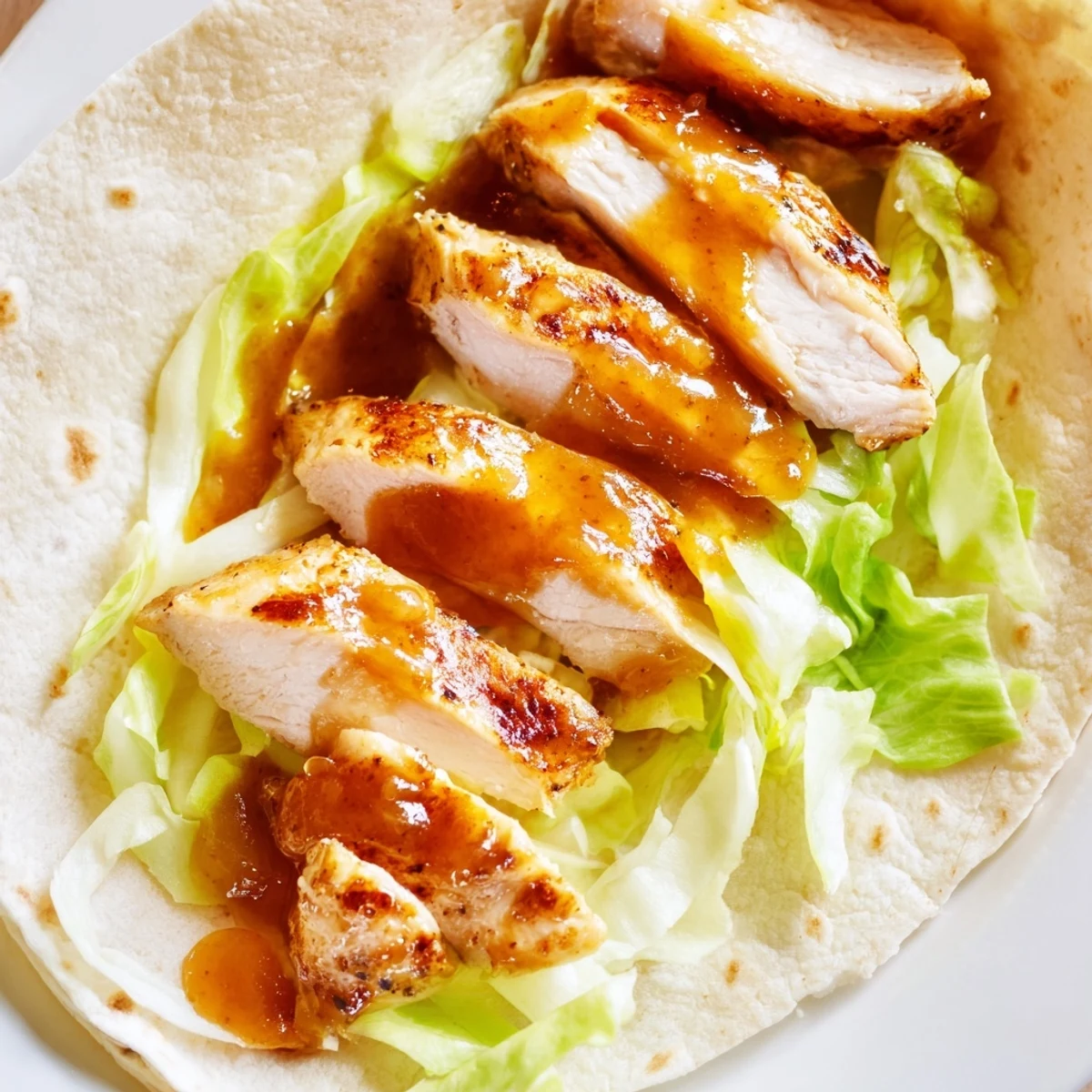 Golden-brown honey mustard chicken wrap filled with crisp romaine lettuce and sliced tomato on a rustic wooden board.