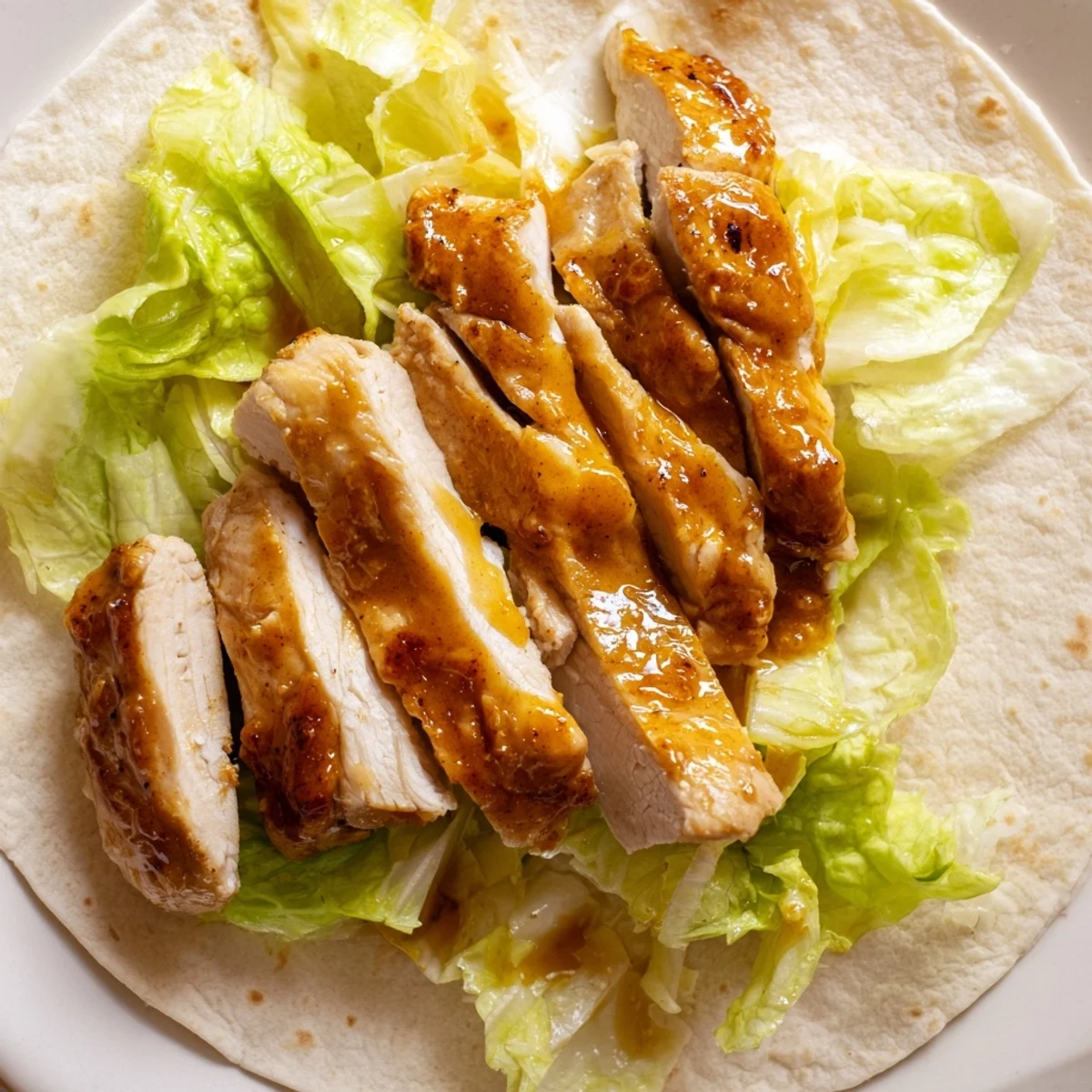 A fully assembled honey mustard chicken wrap, drizzled with tangy sauce, cut in half to reveal the juicy fillings.