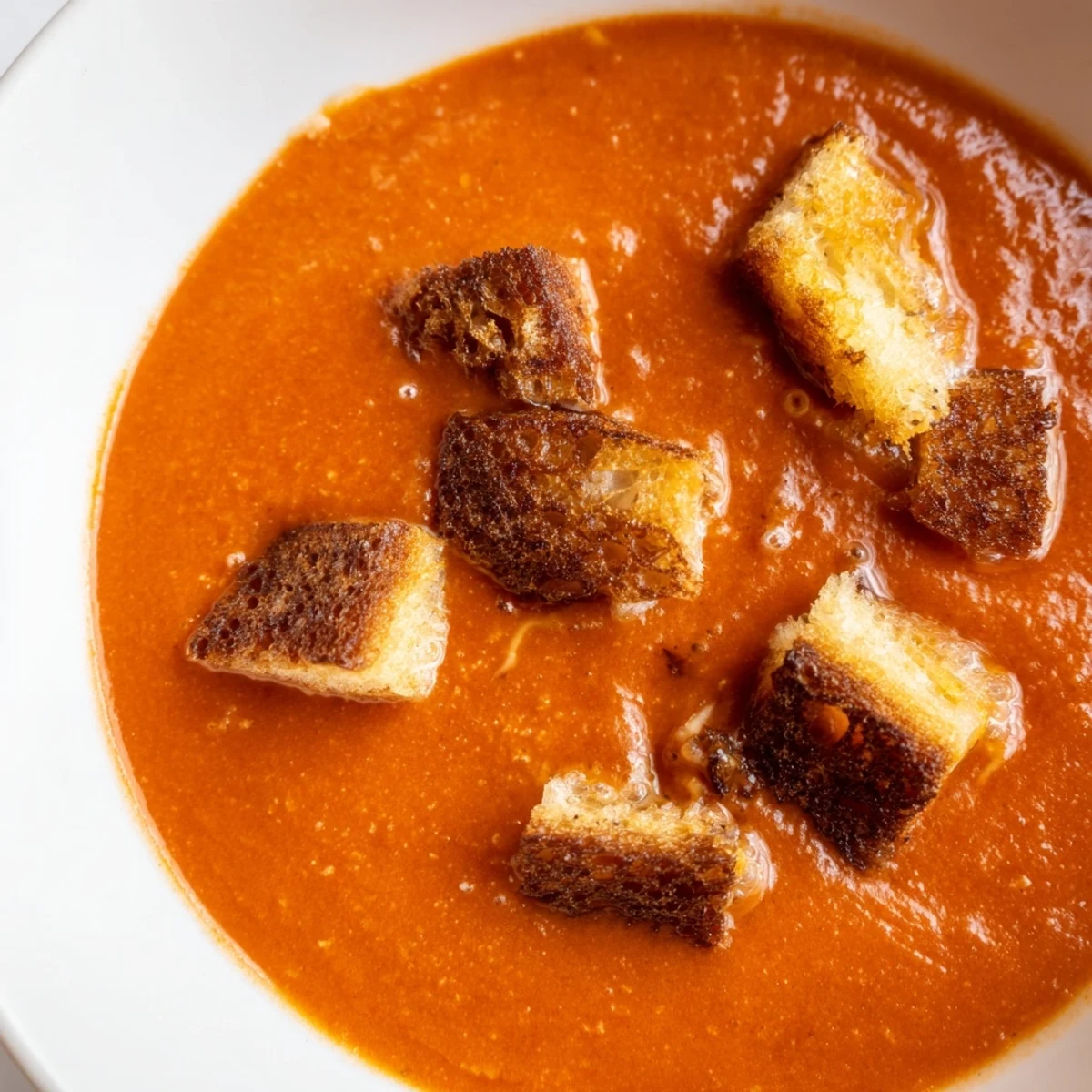A close-up of Roasted Tomato Soup with Grilled Cheese Croutons in a rustic bowl, garnished with fresh basil.  