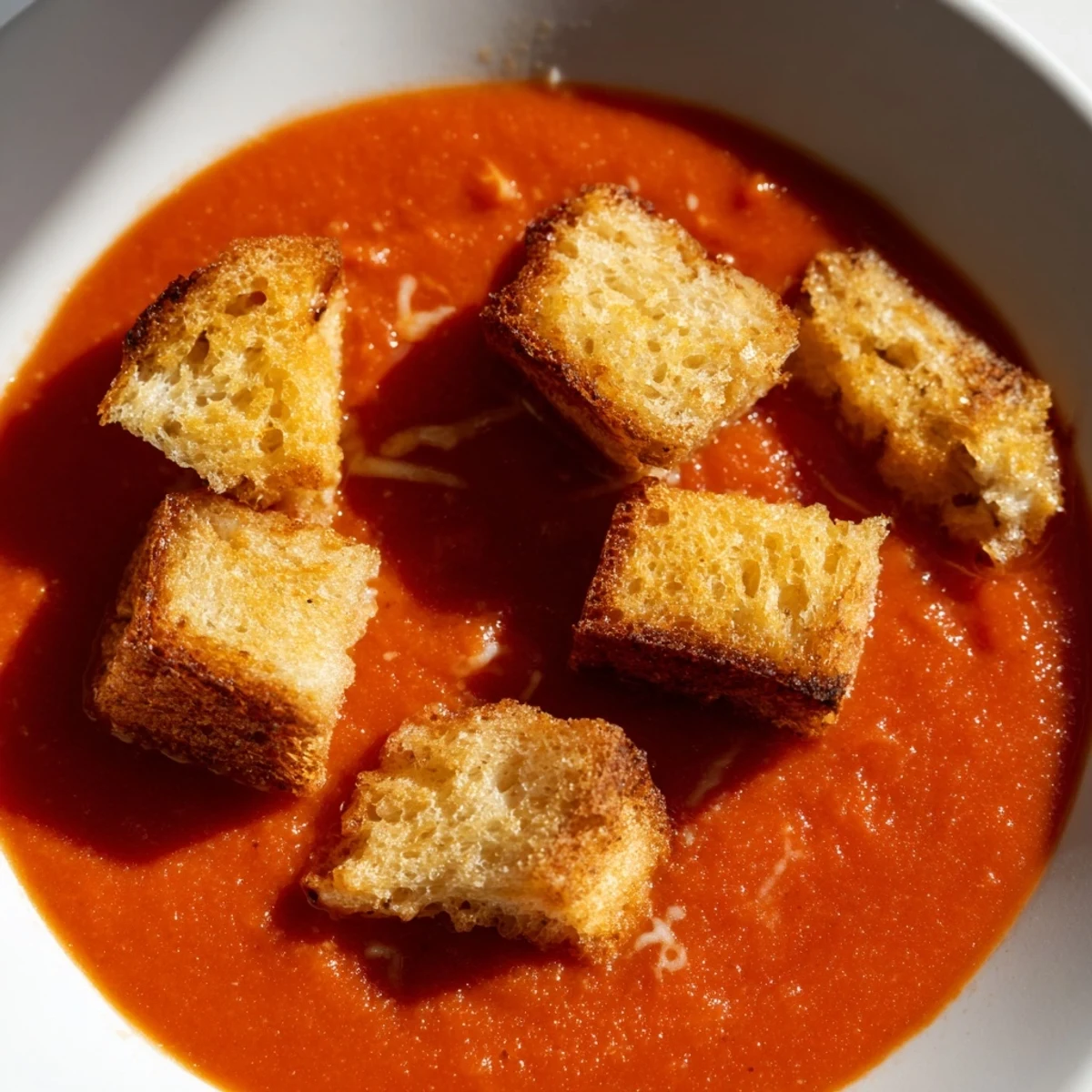 Steaming Roasted Tomato Soup with Grilled Cheese Croutons, featuring golden, cheesy cubes atop a rich red soup.  
