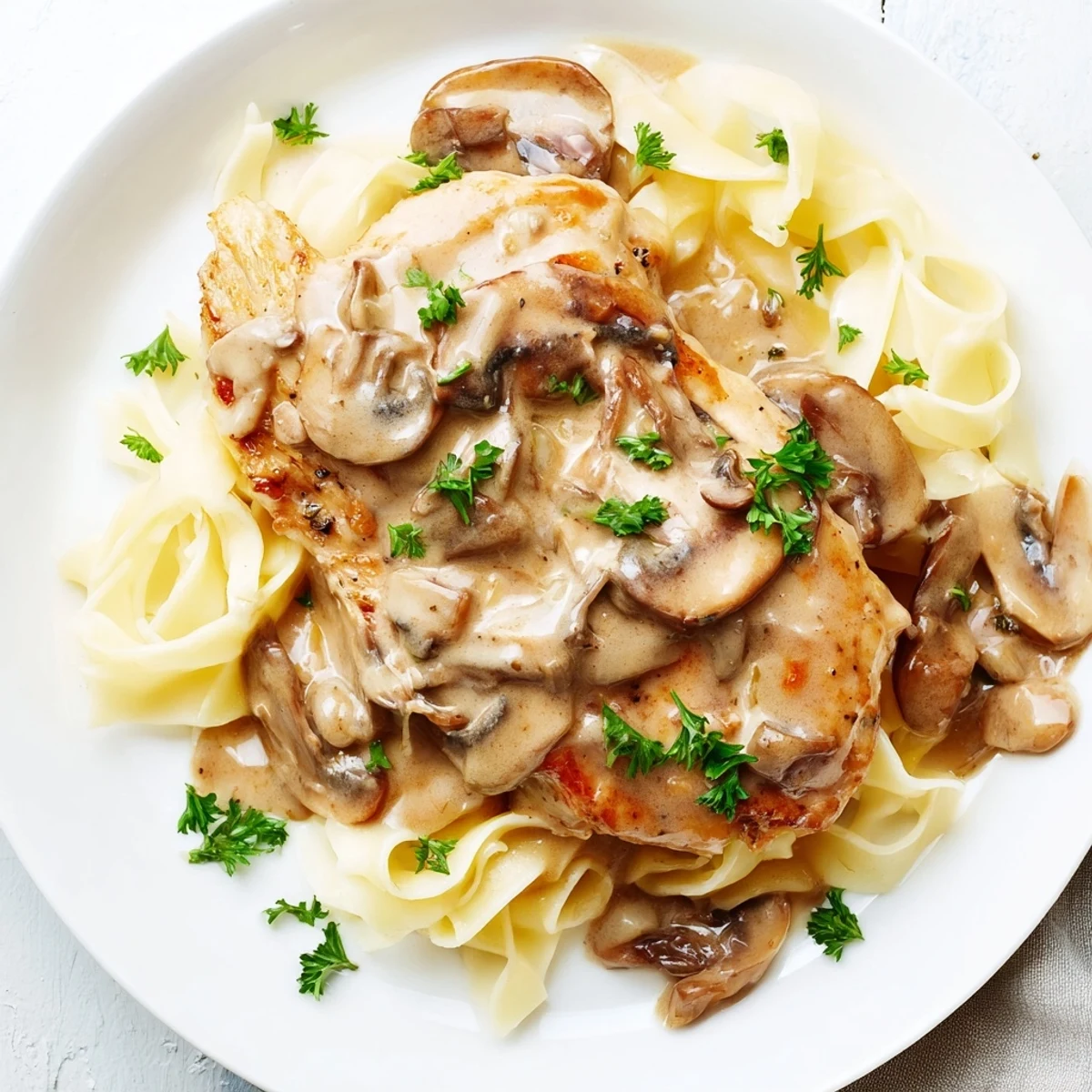 Sizzling tender chicken in a rich mushroom Marsala cream sauce served over al dente pasta with fresh parsley garnish.
