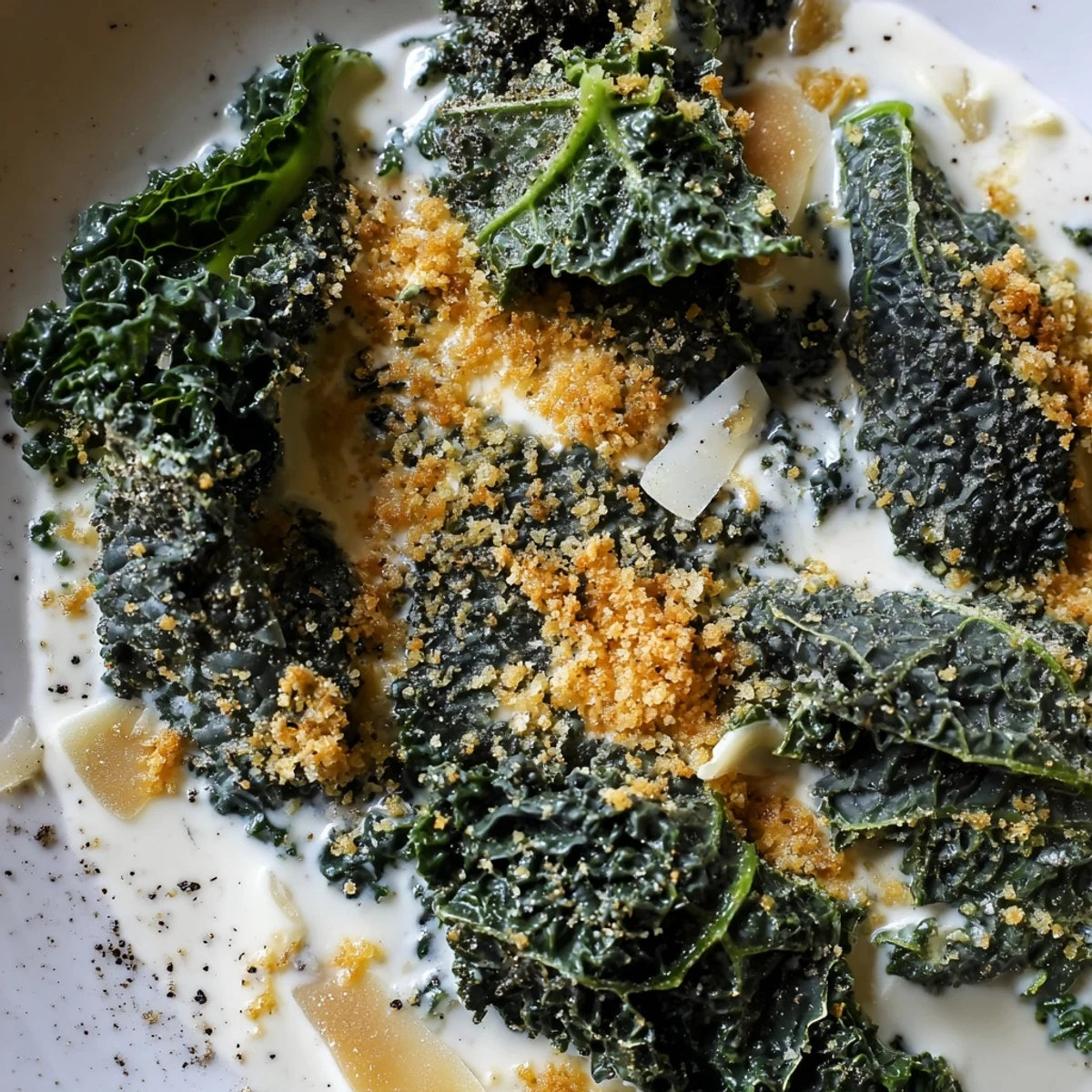A vibrant Garlic Parmesan Kale Salad with tender leaves, crunchy breadcrumbs, and a light lemony scent.