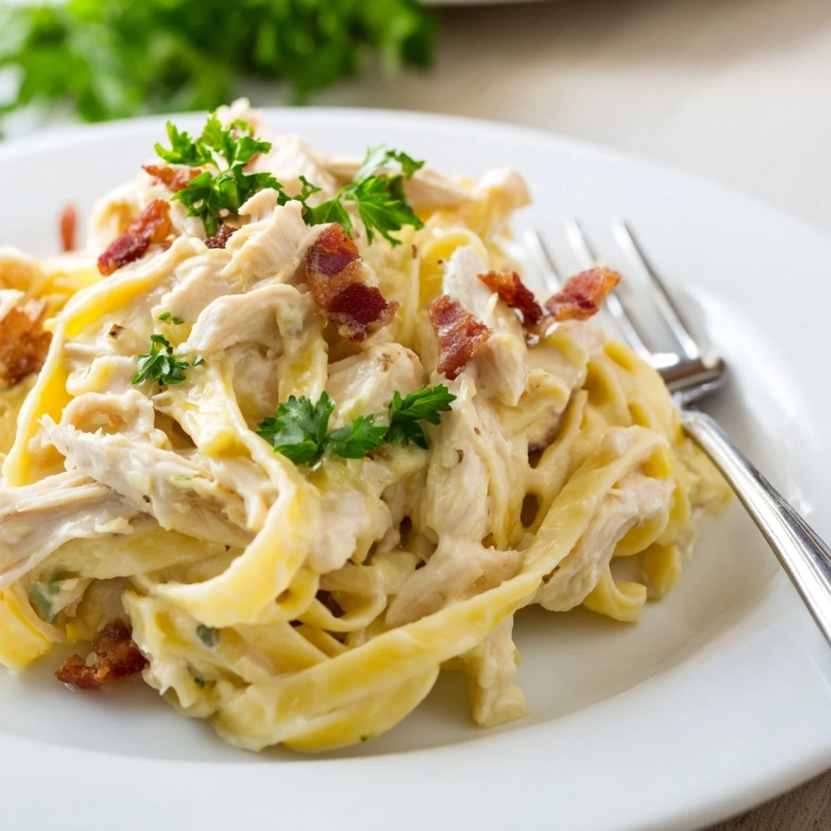 Golden, creamy Chicken Carbonara with crispy bacon bits and fresh parsley on a rustic plate.