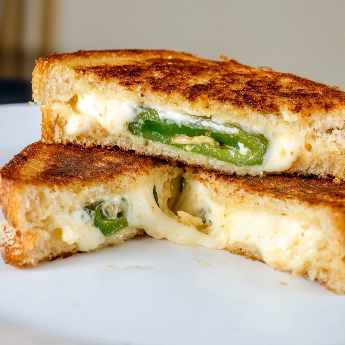 The interior of a Jalapeño Havarti Grilled Cheese shows melted Havarti cheese and fresh jalapeño slices between buttery, toasted sourdough bread.