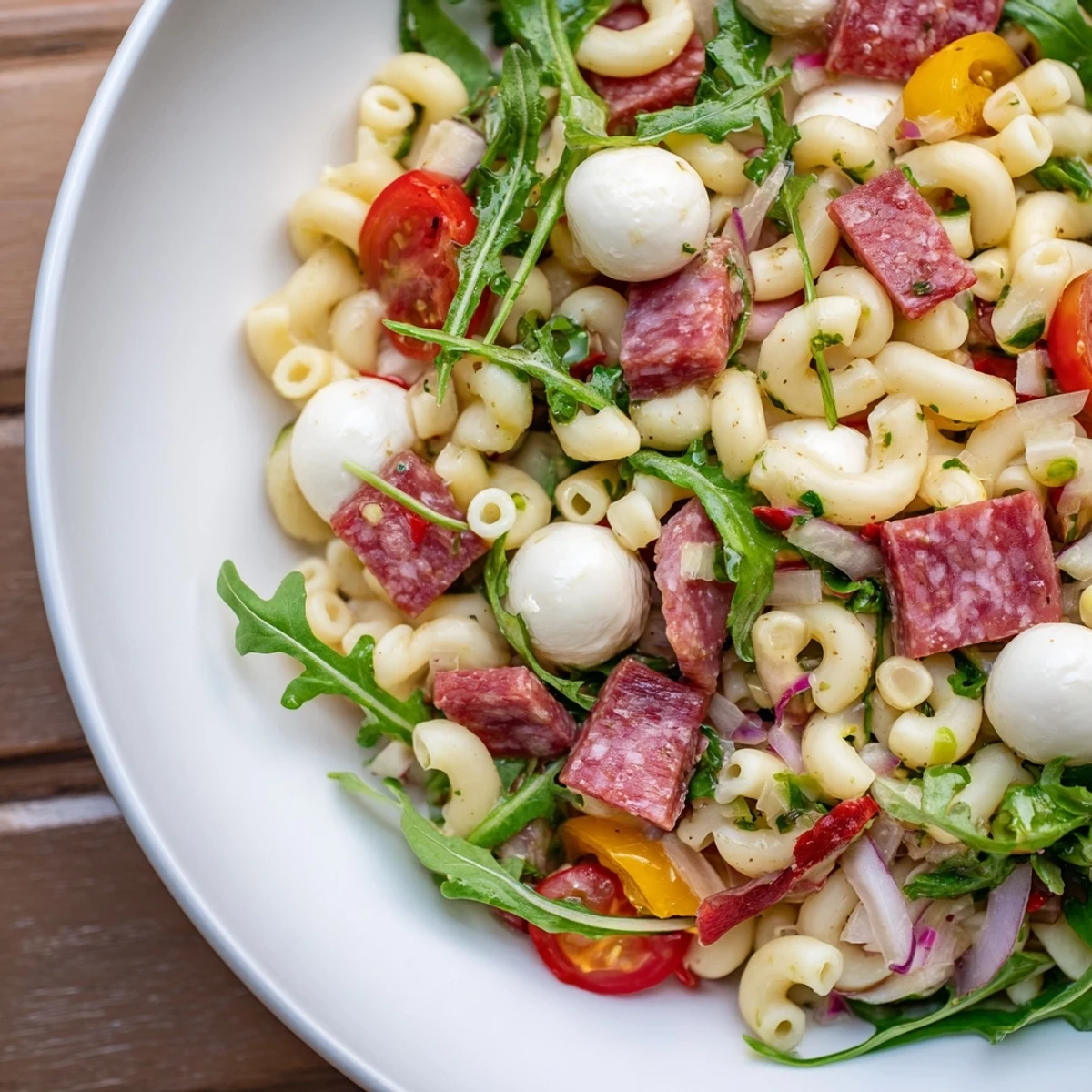 Tossed Spring Antipasto Pasta Salad featuring al dente ditalini, mozzarella pearls, savory salami, and fresh greens glistening with a bright, tangy lemon-oregano dressing.