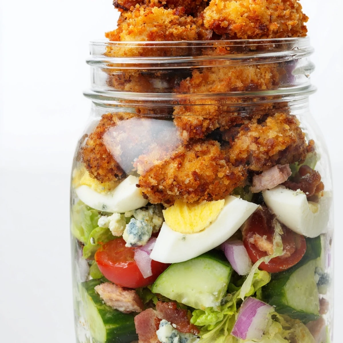 A vibrant Crispy Chicken Cobb Jar Salad layered with juicy chicken bites, hard-boiled egg, smoky bacon, and tangy blue cheese inside a glass mason jar.